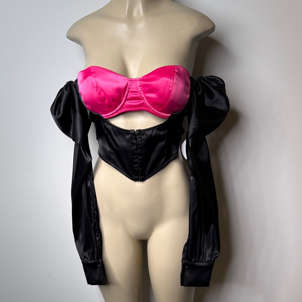 AKIRA Hot Pink and Black Satin Off-Shoulder Crop Top with Corset Detail